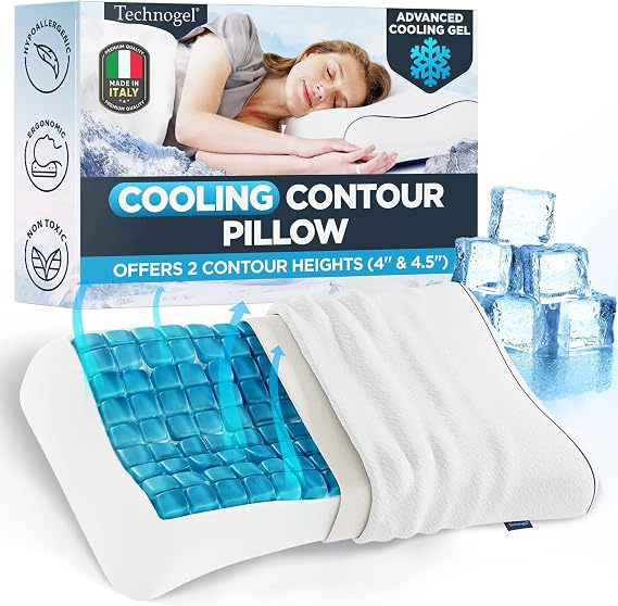 Technogel Contour Cooling Gel Pillow Comfort - Ergonomic Cervical,Shoulder & Neck Support Featuring Memory Foam, Temperature Regulation, Dual Elevation Selections 4" and 4.5", Cozy Support Structure