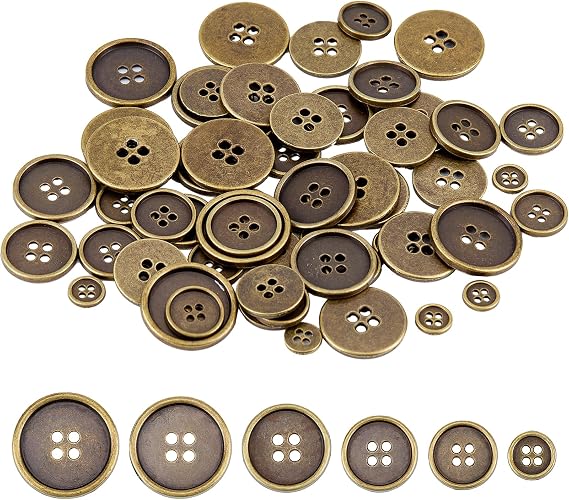 60Pcs Antique Brass Sew on Metal Buttons, Round Retro 4-Hole Button, Bronze Sewing Fasteners for Men Women Blazer Coat Uniform Shirt Suit and Jacket Sewing Craft DIY