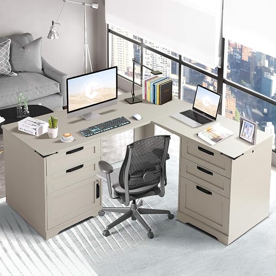 Grepatio 60" L Shaped Executive Desk with Drawers, Farmhouse Corner Desk with USB Charging Station, 2 Person Home Office Computer Writing Desks with Storage, Key Lock Filing Cabinet (Grey)