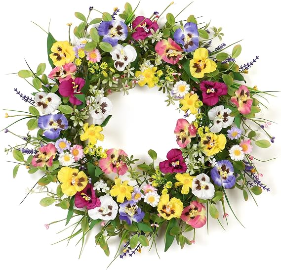 Betylifoy 20" Artificial Flower Pansy Wreath Summer Wreaths for Front Door