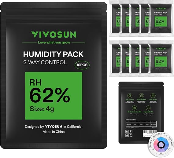 VIVOSUN 62% RH Two-Way Humidity Control Packs | Size 4 g, 10 Packs for Storing 1/2 oz, Moisture Balancer with RH Indicator Card for Food & Herb Storage