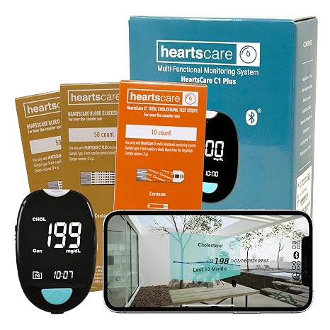 HeartsCare C1 Plus Total Cholesterol Meter Test Kit at Home with TC 10 count and BG 100 count with 3D bluetooth HeartsHome app