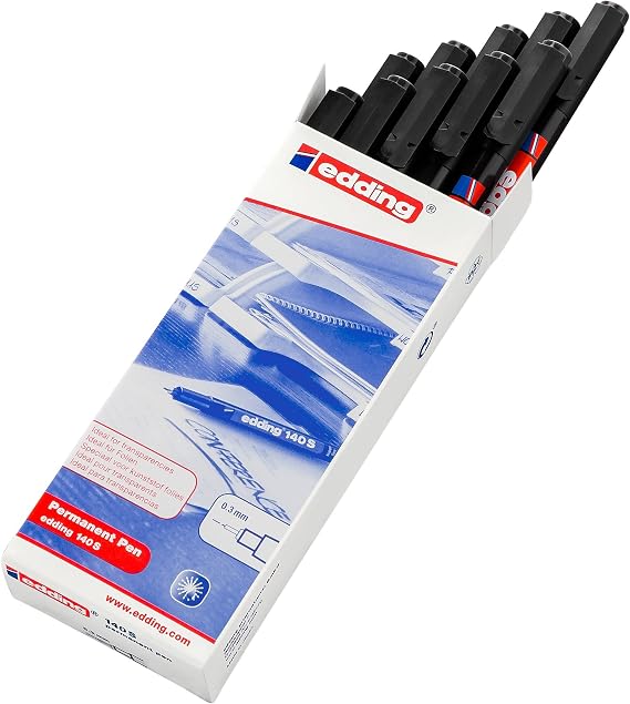edding 140 S permanente pen - 10 stiften - zwart - ronde punt 0,3 mm - pen voor schrijven op glas, plastic, folies en gladde oppervlakken - permanent, sneldrogend, veegvast en watervast