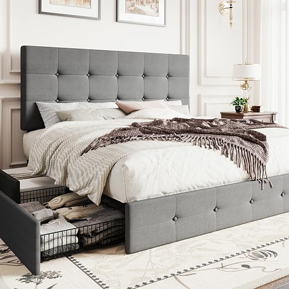 SHA CERLIN Upholstered Queen Size Platform Bed Frame | 4 Storage Drawers, Adjustable Headboard, Square Stitched Button Tufted, Wooden Slats, No Box Spring Needed, Light Grey