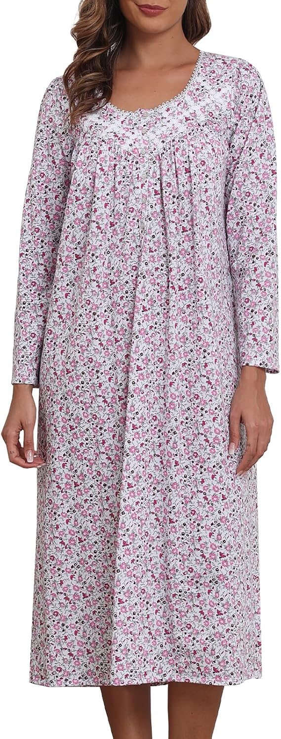 Long Cotton Nightgowns for Women 100% Cotton Night Gown Long Sleeve Ladies Nightgowns Sleepwear Vintage Sleep Dress