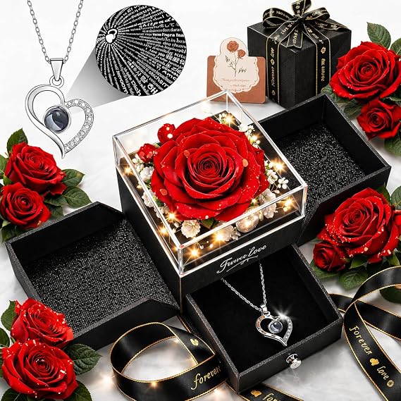 Forever Love Preserved Real Rose with Heart Necklace, Mothers Day Gifts for Mom, Wife, Anniversary Birthday Gifts for Women Projects I Love You in 100 Languages