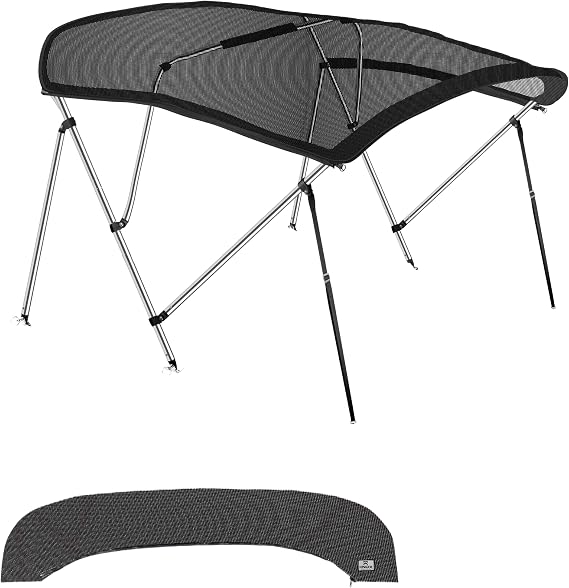 3 Bow Bimini Tops for Boats, Fadeproof, Support Poles, Storage Boot, 900D Marine Canvas, Sun Shade Boat Canopy, Universal Boat Cover for Pontoon, V-Hull, Fishing, Bass Boat 61-66", Mesh