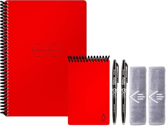 Rocketbook Smart Reusable Notebook Set - Dot-Grid Eco-Friendly Notebook with 2 Pilot Frixion Pens & 2 Microfiber Cloths Included - Atomic Red Covers, Executive (6" x 8.8) & Mini Size (3.5" x 5.5") (EVR-EM-K-CBG)