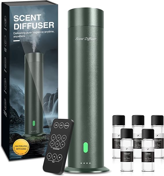Waterless Diffuser Starter Kit with 5 Scent Oils - Cold Air Diffuser Machine for Home, Hotels and Large Room, 1000 Sq.Ft Coverage Hotel Scent Essential Oil Diffuser, Remote Control, 4.05 Oz, Green