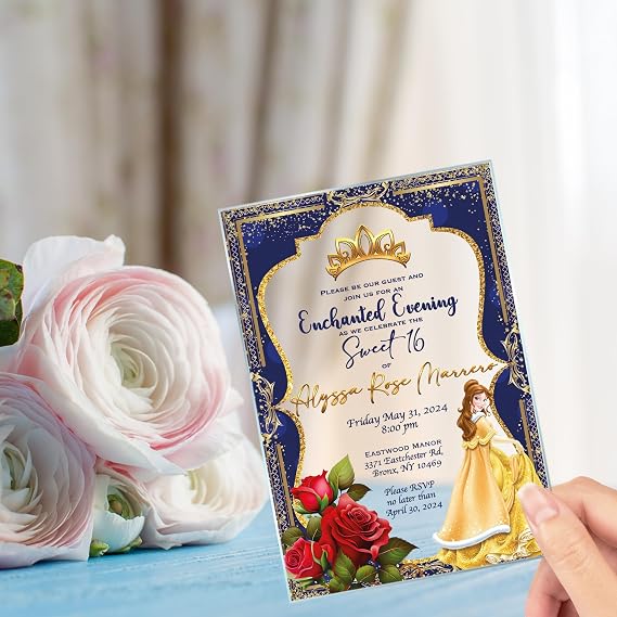Avior Beauty and the Beast Quinceanera Invitations - Personalized Clear Acrylic Glass Cards for Sweet 15, Sweet 16 & XV Anos - Custom Princess Belle Theme Party Invites (10 Invitations)