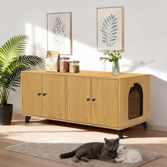 Double Cat Litter Box Enclosure for 2 Cats, Hidden Litter Box Furniture with Double Room Side Entrance, Modern Indoor Cat House Wooden Washroom Furniture (Natural Oak)
