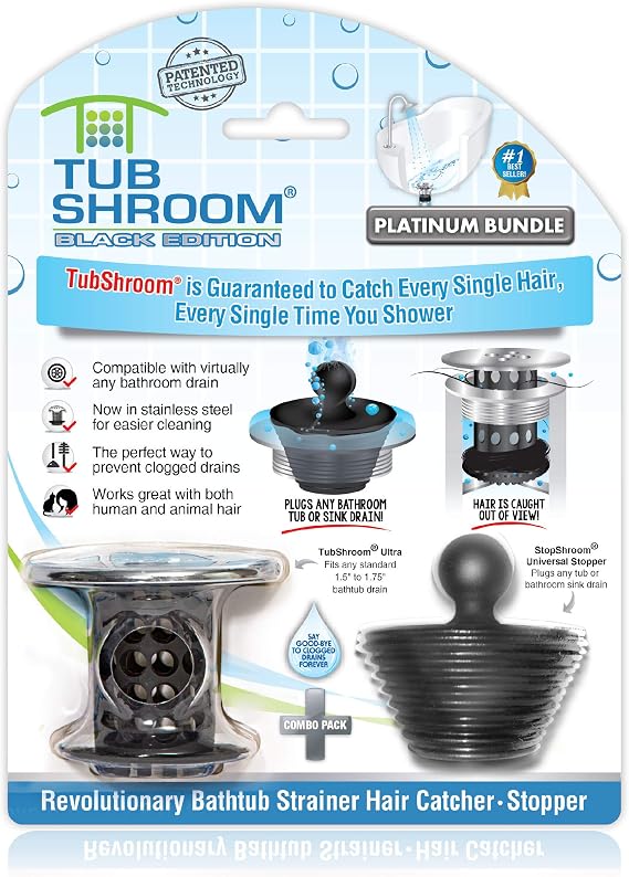 TubShroom Tub Drain Hair Catcher Combo Pack with Silicone Stopper, Black Chrome Protector and for Bathroom Drains, fits any standard bathtub drain measuring 1.4 to 1.8 wide