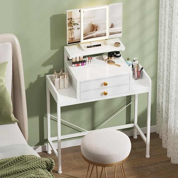 HIGDBFE Vanity Desk with Mirror and Lights 28.4''W Small Makeup Vanity