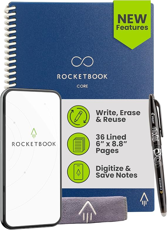 Rocketbook Core Reusable Smart Notebook with Ruled Pages for School, Work, Creative Projects, Executive Size, 6 x 8.8 Inches, Blue - Premium