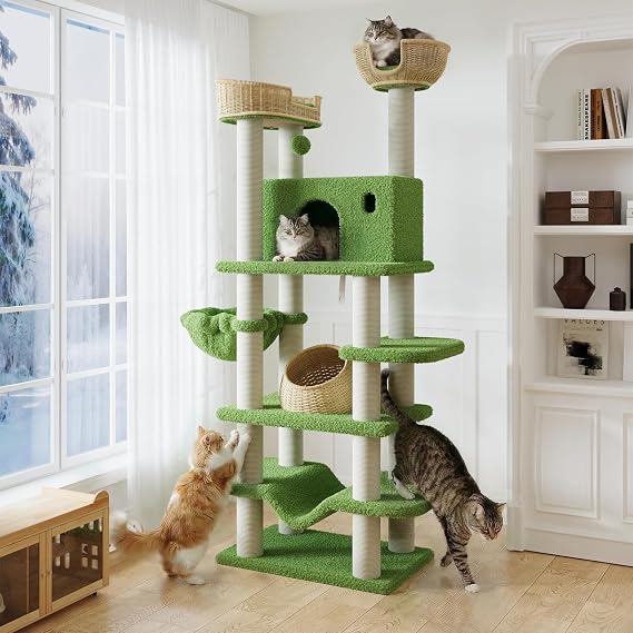 SHA CERLIN 82" Handmade Rattan Cat Tree Tower, Multi-Level Activity Center with Sisal Scratching Posts, Plush Condo, Wicker Perches & Hammock, Large Indoor Cat Playground, Green