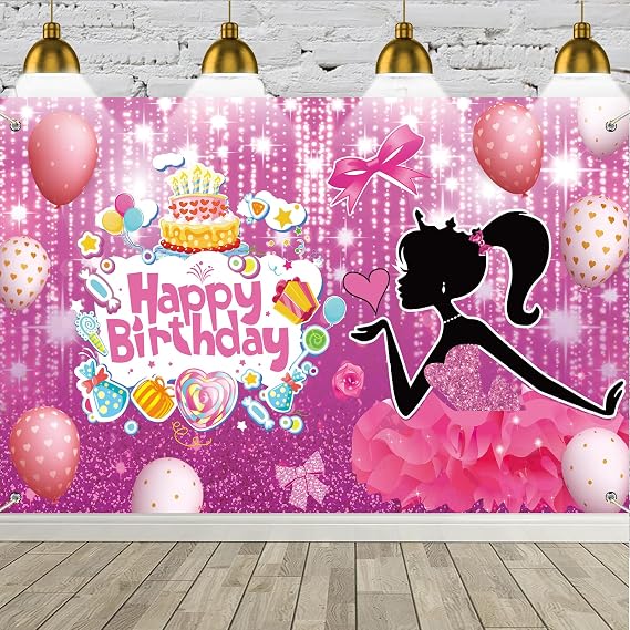 Princess Birthday Party Backdrop Photography Background Pink Party Banner for Girl Birthday Party Baby Shower Cake Table Decorations Happy Birthday Banner,71x45 inch