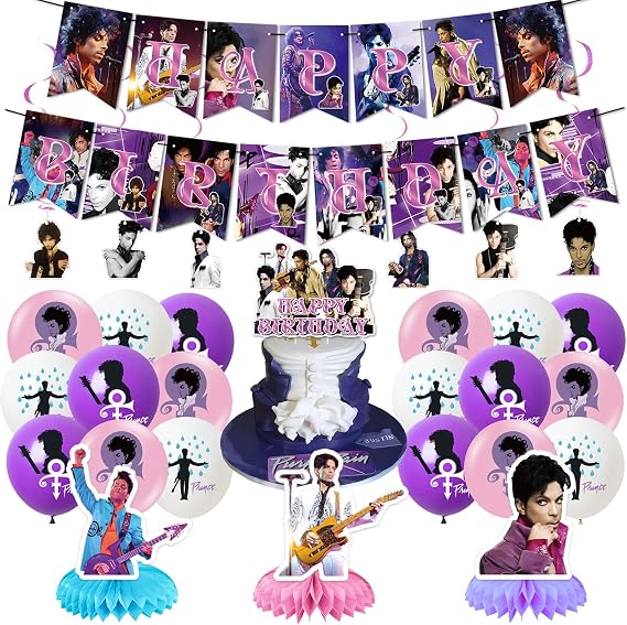 Prince Singer Party Decorations, Rock Singer Theme Birthday Banner Honeycomb Centerpieces Hanging Swirls Party Latex Balloons for Fans Birthday Baby Shower Party Supplies