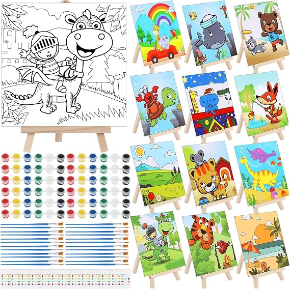 Tenceur 12 Sets Pre Drawn Canvas to Paint Adult Stretched Coloring Painting Canvas Panels with Design Easel and Brushes for Party Supplies Beginner Favor(Cute Style)