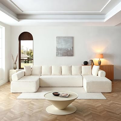 145 inch Modern Sectional Couch for Living Room, Oversized Cloud Boneless Couch with Freely Movable Armrest and Fixed-Shape Frame, Beige Modular Sofa U Shape Couches | No Assembly Required, Free Combination