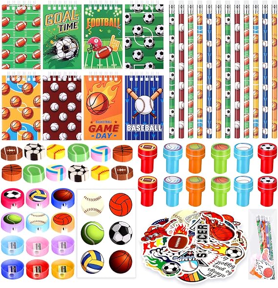 Pasimy 146 Pcs Sports Party Favors Bulk Sport Ball School Stationery Notebook Pencils Erasers Stampers Stickers Sharpeners Goodie Bags for Team Gift Fillers Classroom Games Reward Supplies