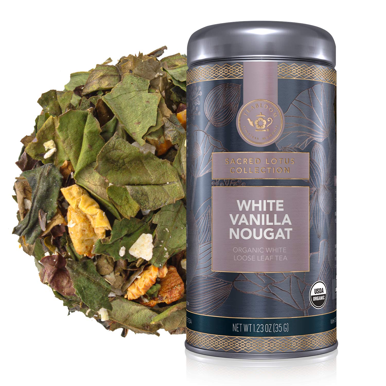 Teabloom Organic White Tea, White Ginger Pear Loose Leaf Tea, Distinctive and Delicate White Tea, USDA Certified Organic and Kosher Certified, 3.53 oz/100 g Canister Makes 35-50 Cups