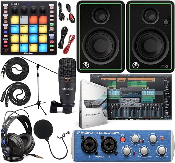 PreSonus AudioBox 96 Audio Interface Kit with Studio One Artist Software, Atom Midi Production Pad Controller, Mackie CR3-X Studio Monitors & Instrument Cables