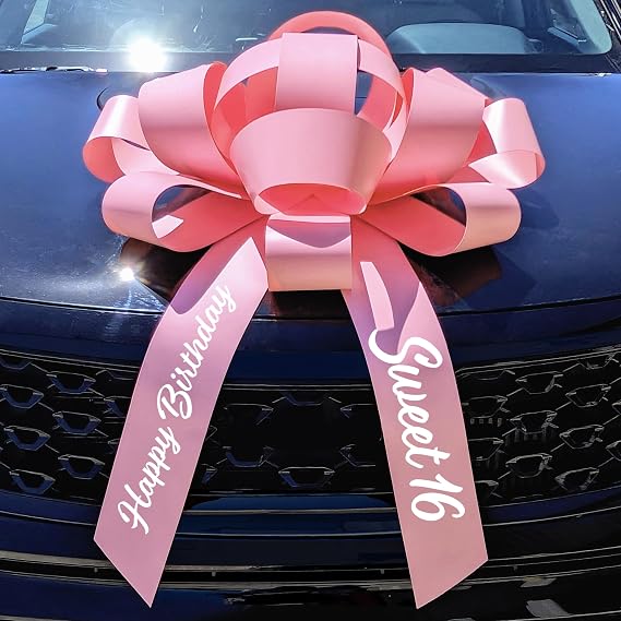 CarBowz Big Car Bow, Sweet 16 Happy Birthday, Giant 30" Bow, Non Scratch Magnet, Weather Resistant Vinyl (Pink)