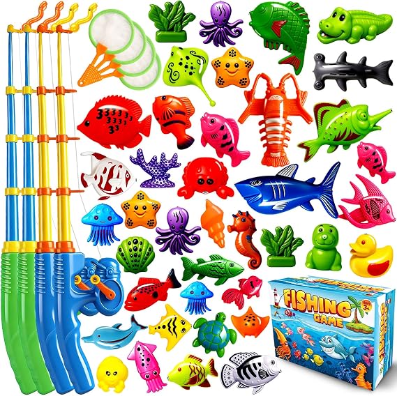 CozyBomBTM Magnetic Fishing Toys Game Set for Kids | Water Table Bathtub Kiddie Pool Party Pole Rod Net, Outdoor Plastic Floating Fish, Toddler Bath Color Ocean Sea Animals Birthday Gift Age 3-5 6 4-8
