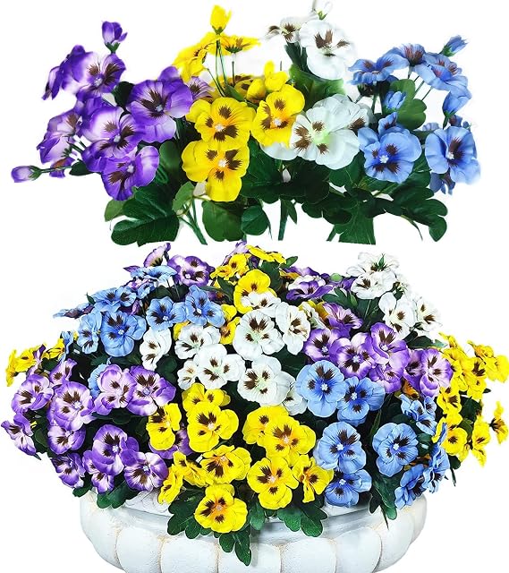 12 Bundles Artificial Flowers Outdoor UV Resistant Artificial Pansies Faux Plastic Flower in Bulk Fake Outdoor Plants (12, White/Purple/Blue/Yellow)