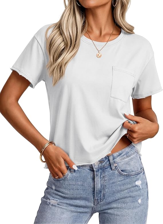 YUCOLEN Women's Crop Tops Cotton Short Sleeve Basic T-Shirts with Pocket