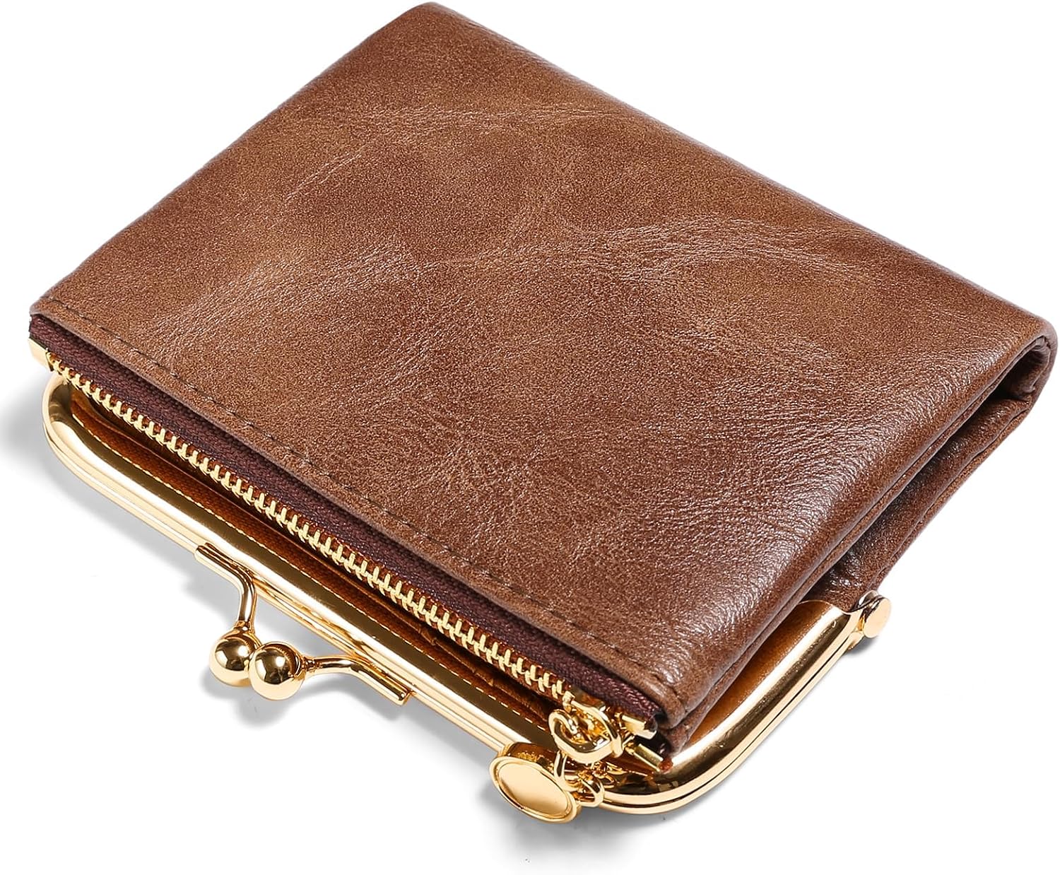 FALAN MULE Small Compact Purse for Women, Made of Genuine Leather, with Zip and Kiss Lock, RFID Blocking of Bifold Leather Wallets with Multiple Card Slots and Spacious Compartment, Brown, Minimalist