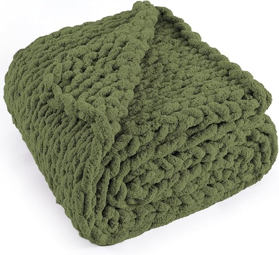 Chunky Knit Throw Blanket 50x60, 100% Handmade Chenille Yarn