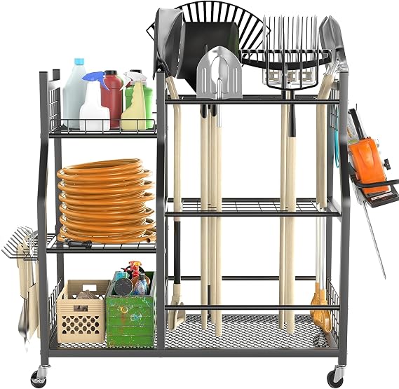 TORACK Garden Tool Organizer with Wheels, Rakes Shovels Yard Tools Stand
