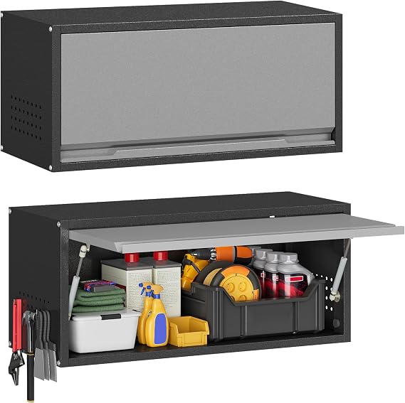 Bestoo 13.8" H Garage Wall Cabinet, Metal Wall Cabinet with Up-Flip Door | Heavy-Duty Construction, Dual Side Pegboards, User-Friendly Flip-Up Door, Easy Setup & Maintenance