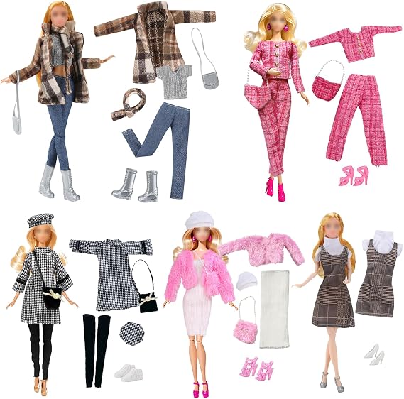 Pack of 17 Clothes and Accessories for 11.5 Inch Dolls New Doll Clothes 5 Houndstooth Fashion Outfits with Jacket and Skirt 5 Pairs of Shoes 4 Pockets 2 Hats 1 Scarf for Girls Gift