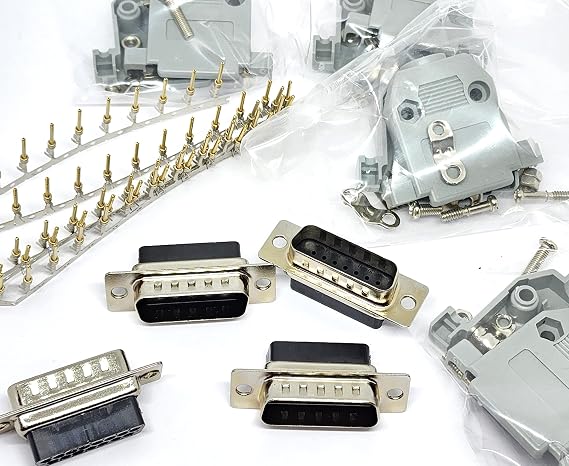 4 Sets Crimp Type DB15 Male + Plastic Hoods + Pins D-Sub 15-Pin Crimp On Connector Kit 4 DB15 Male + 4 Hoods + 60 Pins