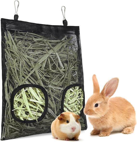 Mesh Guinea Pig Hay Feeder Bag for Guinea Pigs Rabbits Chinchillas, Hanging 2-Hole Hay Dispenser Breathable Wear-Resistant (Black)