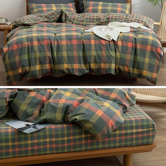 VM VOUGEMARKET Queen Size Plaid Comforter Set + 1 Matching Fittedd Sheet