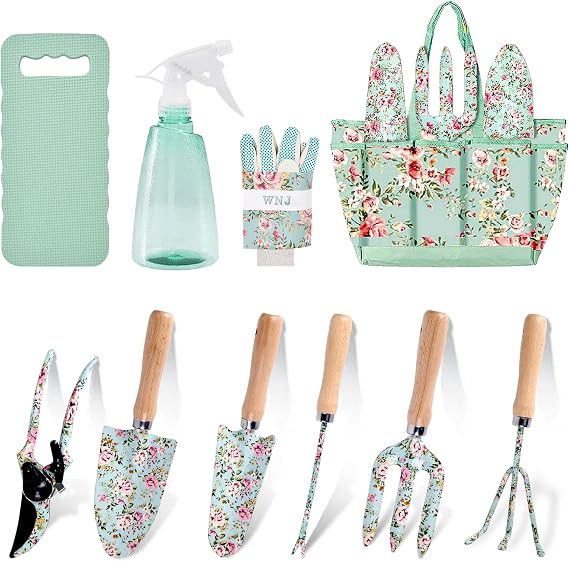 10-Piece Floral Garden Tools Set with Tote Bag, Heavy Duty Gardening Kit with Pruning Shears, Trowels, Rake, Sprayer, Kneeling Pad & Gloves - Gift for Women, Gardener, Mother's Day