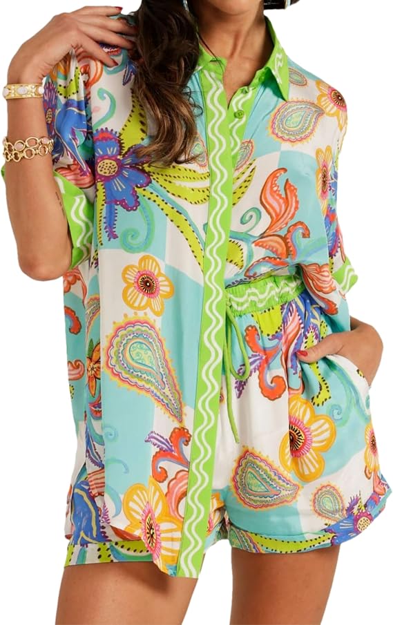 Wanzetaly Womens 2 Piece Outfits Printed Button Down Short Sleeve Shirts and Shorts Lounge Sets