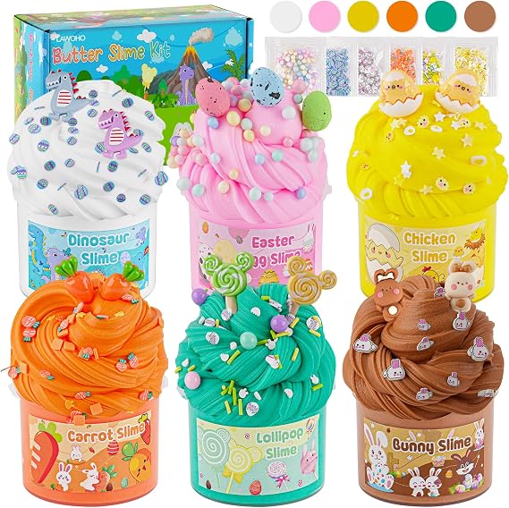 LAWOHO 6 Easter Slime Set Butter Slime for Children with Easter Eggs & Easter Slime Add-ins Fluffy Slime Set for Girls and Boys 360 ml Easter Butter Slime Making Kit Slime Children's Party Favours