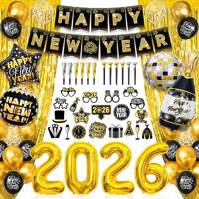 2026 New Years Decorations Eve Party Supplies 69Pcs - Black Gold, Includes Banner, Photo Booth Props, Foil Balloon, Fringe Curtain, Squawkers & Latex Balloons for Happy New Year 2026 Party
