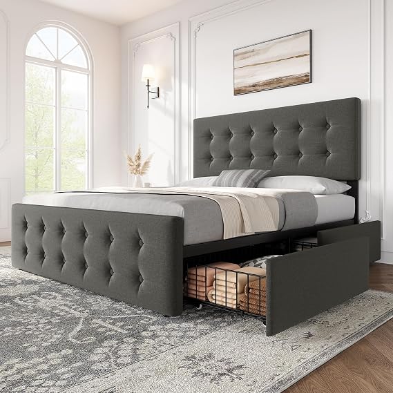 Full Size Bed Frame with 4 Storage Drawers, Upholstered Platform Bed Frame with Adjustable Headboard, Wooden Slats Support, Button Tufted Design, No Box Spring Needed