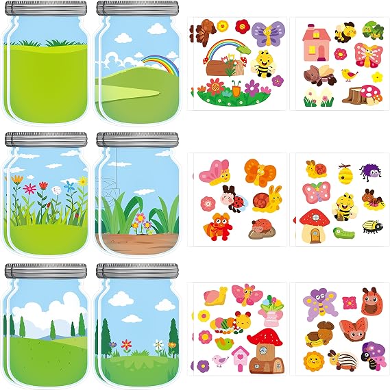 CY2SIDE 12PCS Spring Bugs Stickers Scene for Kids, Make A Bug Jar Sticker Scene with Butterfly Bee Ladybug Flower, Make Your Own Insect Stickers with Jar Scene, DIY Spring Party Games Class Activities