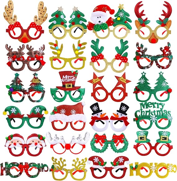 Aneco 24 Pack Christmas Costume Glasses Frames - Party Glitter Ornaments, Santa Snowman Eyewear for Creative Funny Christmas Party