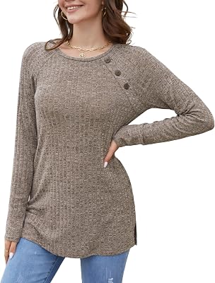 ENMAIN Long Sleeve Shirt for Women - Thin Layering Tops for Fall Button Decor Tunics Crew Neck Blouse Split Hem