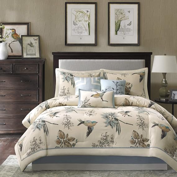 Madison Park Nature Scenery Design Comforter Set, 7PC Queen Bedding Set | Leaf & Bird, All Season, with Comforter, Shams, Bed Skirt, Decorative Pillows, Khaki