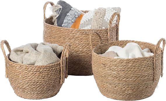 Vintiquewise Decorative Round Wicker Woven Rope Storage Blanket Basket with Braided Handles - Set of 3