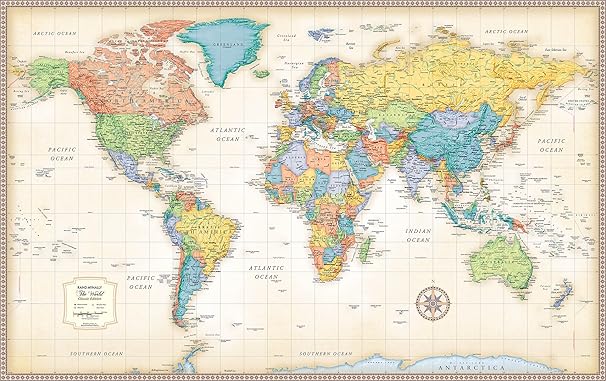 Rand McNally Classic Edition World Wall Map 50" x 32" Laminated, Rolled World Map with Antique-Style Accents, Color-Matched Topographical Relief and an Africa-Centered Projection: 50" x 32" Laminated Rolled World Wall Map with Antique-Style Accents and Color-Matched Topographical Relief Africa-Centered Projection Showing Every Country Intact, Home / Office / Classroom