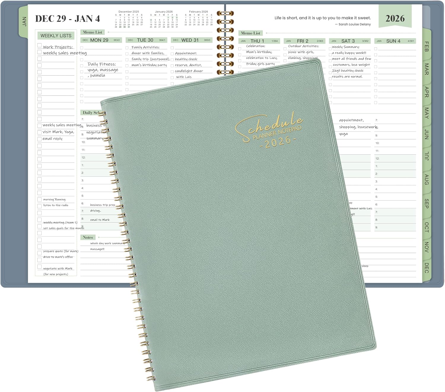 2026 Planner - Business Planner, JAN 2026 - DEC 2026, 2026 Appointment Book, 3-Tier Schedule Planner Notepad, 2026 Daily Planners, 8.74 x 11.38, 60 Minutes Intervals  Monthly Tabs  Leather Cover  Pocket - Pea Green